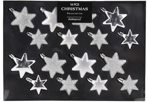 MIJOMA 16-teiliges Christbaumkugel-Set, bruchsicher, 2 Größen 65mm & 45mm, Weihnachtsanhänger – Herzform oder Sternform, Weihnachtsbaumschmuck Matt, Glänzend, Glitter (Silber, Stern)