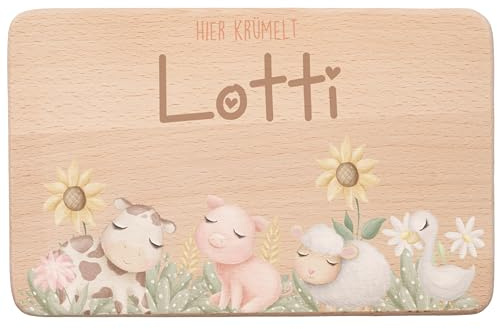 MINIHELDEN - Personalisiertes Frühstücksbrettchen Kinder Holz, Brotzeitbrett mit Namen und Tiermotiven, Individuelles Geschenk für Kinder und Babys zur Geburt, Taufe oder Weihnachten