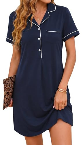 Jahetuul Camisón Mujer Manga Corta Algodón con Abertura de Botones Ropa de Dormir con Bolsillo Confortable y Elegante para Verano