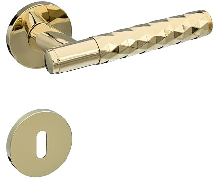 Gavroche Türgriffe Set BB Buntbart | Türklinken für Innentüren in Gold Optik | Drückergarnitur für Zimmertür mit runder Rosettengarnitur aus Zink | Türbeschlag in L-Form & strukturierter Oberfläche