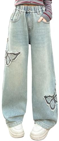 Kids Baggy Jeans Girls Elasticated Waist Fashion Loose Fit Denim Trousers Wide Leg Girls Stretchy Comfy Summer School Casual Athletic Streetwear Bottoms Pants Age 5-17 Years (Blue, 8-10 Years)
