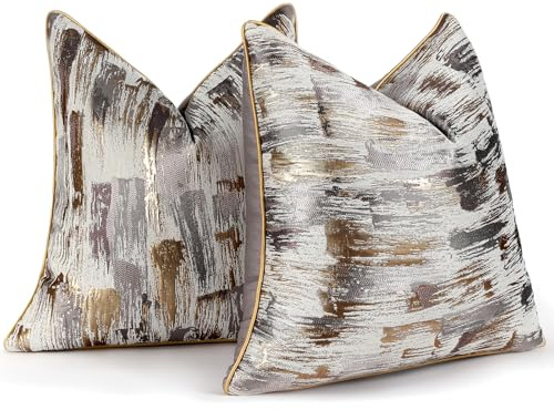HOSTECCO Abstract Cushion Covers 45x45 cm Set of 2 Gold Khaki Jacquard Cushion Cases Modern Decorative Pillow Covers for Sofa Couch Bed