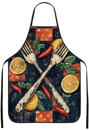 Delantal culinario rústico, diseño vintage de tenedores y chiles, delantal de cocina para adultos, diseño acogedor de cocina de granja para barbacoa y preparación de comidas, 1 unidad
