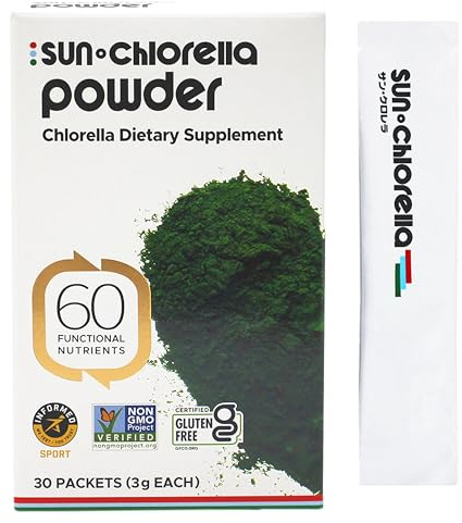 Sun Chlorella Powder Green Superfood Algae - Chlorophyll, Chlorella Growth Factor, Active B12 & Iron Supplement Drink Mix - Pulverized Cell Wall - Non-GMO, Vegan & Gluten-Free - 30 Packets (3g ea) 90g