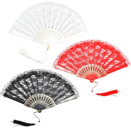 Lunyloer White Lace Folding Fan, 3Pcs Lace Hand Fans, Vintage Handheld Fan Folding, Wedding Fan for Weddings Engagements Dances Birthday Parties Role-Playing(White, Black, Red