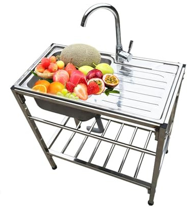 AYHARYLH Lavello Autoportante Inox con Rubinetto E Banco da Lavoro | Libera Installazione per Esterno, Cucina Commerciale, Ristorante, Garage E Lavanderia
