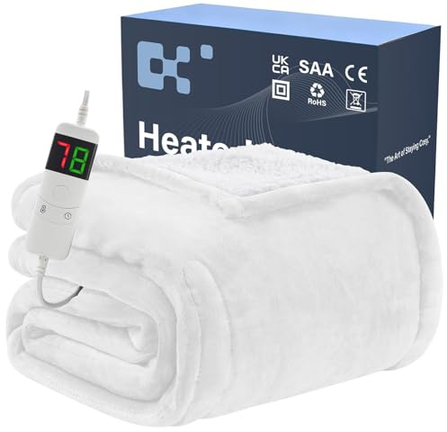 BOMOVA Electric Heated Blanket Single Throw (130x160cm,White)-Flannels Fleece Winter Warm Blanket,10-Level Heating & 5 Auto Timer,Cozy Sofa Throw for Home Office,Xmas House Warming New Home Gifts