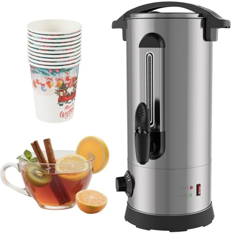 Jaxguom Glühweinkocher 10L, Glühweinkocher mit Zapfhahn Thermostat,1500W Glühweintopf Edelstahl mit Wasserstandsanzeige, Einstellbare Temperatur von 30-110°C,mit 10x Becher,Silber