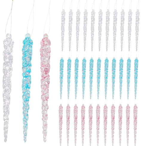 Fictory 36 adornos acrílicos de carámbano, colgantes transparentes de cristal rosa y azul para decoración de árbol de Navidad y decoración de fiestas de vacaciones