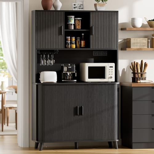 Lulive 71 Tall Pantry Cabinet with Rolling & Sliding Doors, 39 Wide Kitchen Storage Cabinet with Charging Station and Open Countertop, Modern Kitchen Pantry Cabinet for Dining Room, Black