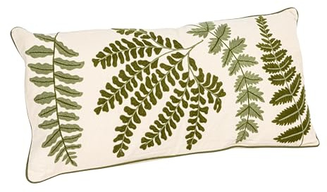 Creative Co-Op White Rectangle Cotton Pillow with Embroidered Green Ferns