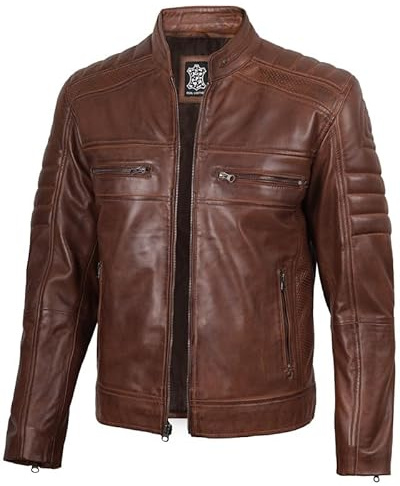 Blingsoul Echtes Lammfell Herren Lederjacken - Cafe Racer Style Premium Lederjacke Herren, Cafe Racer - Braune Jacke, M