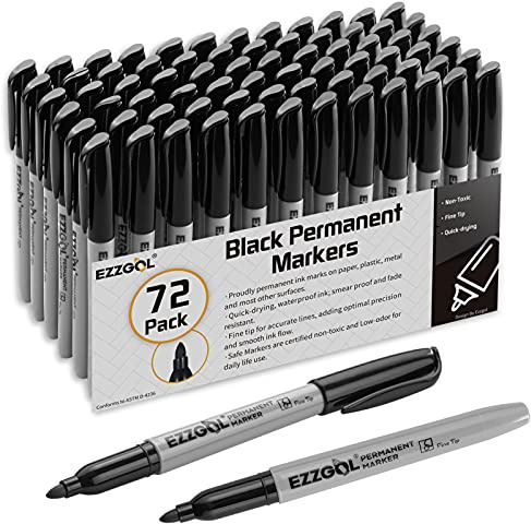 Ezzgol Permanent Markers Bulk, 72 Pack Black Permanent Marker Set, Fine Tip, Waterproof Markers, Premium Smear Proof Pens, Waterproof, Quick Drying, Office Supplies for School, Office, Home