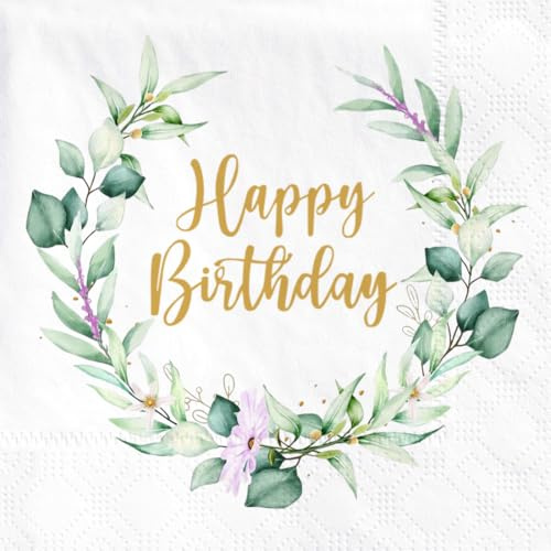 Wishstar 40 Stück Servietten Eukalyptus Geburtstag, Happy Birthday Servietten, Gold-Grün, Papierservietten für Mann Frau Geburtstag Deko