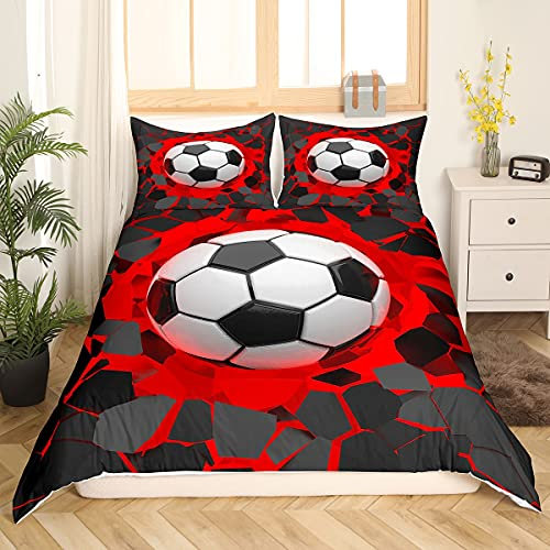 Loussiesd Soccer Ball Bedding Set 3D Geometric Football Duvet Cover for Kids Boys Girls Red Black Comforter Cover Sport Bedding & Linen Room 2Pcs Single,Zipper