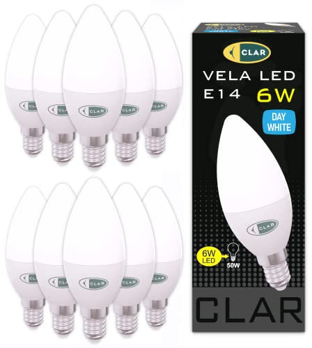 CLAR – Bombilla LED E14 Tipo Vela 6W, Casquillo Fino, Luz Neutra 4000K, Bajo Consumo y Diseño Clásico Decorativo (Pack 10)