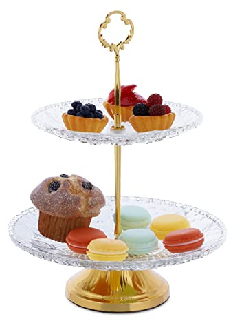 Relaxdays Etagere, Glas & Eisen, HxD: 30 x 23 cm, transparent/gold | runder Servierständer, 2 Etagen, Cupcake Ständer