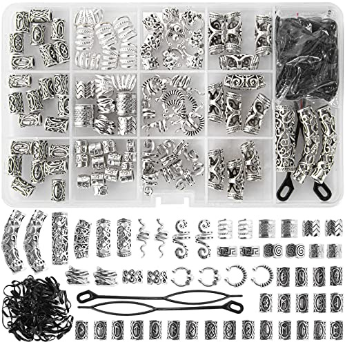 152PCS Vikings Hair Jewelry Norse Runes Tube Beads, Metal Clips Cuffs Rings, Accessories for Braids Dreadlocks Beads for Braiding Beard Decoration Bracelets Pendant Necklace DIY