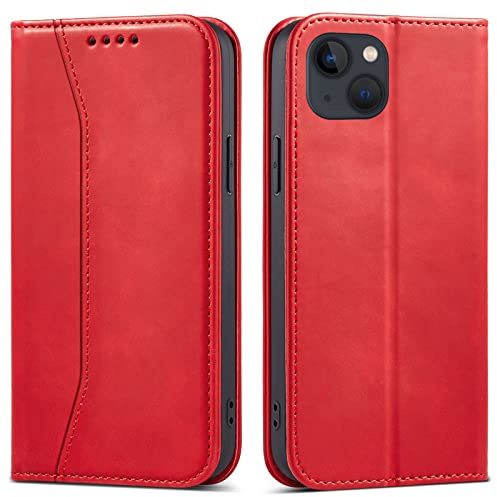 OKZone Kompatibel mit iPhone 13 Mini (5,4 Zoll) Hülle, Magnet Leder Tasche Handyhülle, Kartenfächer Schutzhülle, [Premium PU Leder] Flip Klappbare Stoßfeste Magnetische Standfunktion (Rot)