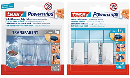 tesa Klebehaken für transparente Oberflächen und Glas (1 kg), 2-er Pack & Powerstrips Haken Small ECKIG - Selbstklebender Wandhaken für Glas, Kacheln, Holz, Kunststoff und andere Untergründe - Weiß