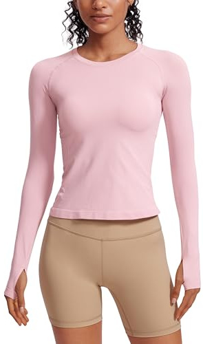 CRZ YOGA Långärmade sporttröjor för kvinnor Ribbad löpartröja med tumhål Andningsaktiv snabbtorkande träningstoppar Rose Blush XL
