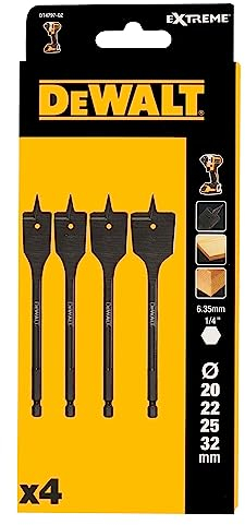 Dewalt Holz-Fräsbohrer Set DT4797 (4er Set bestehend aus 20/22/25/32 mm, mit Stahl-Schaft für lange Haltbarkeit & Lebensdauer, für Hart- & Weichholz, Bauholz & Holz mit Nägeln)