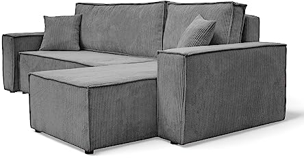 GREKPOL 244x145 Sofa mit Schlaffunktion (200x125) - Cord Sofa 3 Sitzer - Hellgrau Ecksofa mit Schlaffunktion und Bettkasten - Schlafsofa mit Bettkasten - Couch