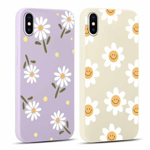 Yoedge 2 Stück HandyHülle für iPhone X/iPhone XS Hülle 5,8, Mädchen Schutzhülle Blumen Muster Aesthetic Design,Frauen Geschenk Weich TPU Silikon Stoßfest Cover Case für iPhone XS, Lila Blume