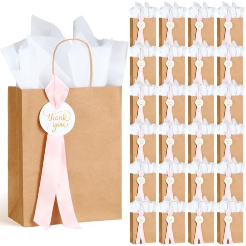 Noveread 25 Sets Hochzeits-Dankeschön-Geschenktüten mit Rouge-Band, Dankeskarten, weißes Seidenpapier, 20,3 x 12,9 x 25,4 cm, Kraftpapier-Geschenktüten mit Griffen für Hochzeit, Braut, Geburtstag,