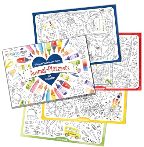 Papierdrachen Ausmal - Platz-Sets zum Schulanfang - 12 Bögen mit 4 verschiedenen Motiven - aus hochwertigem Papier - Aquarell - Set 1