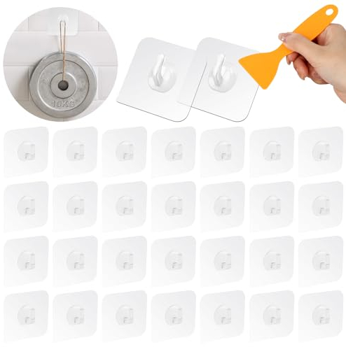 30 Stück Unsichtbare Selbstklebende Haken, Küchenhaken, Wasserdicht Transparente Wandhaken, Wiederverwendbare Haken, Max 10KG Stark Klebehaken mit Schaber für Bad, Handtücher, Kleidung, Nagelfrei