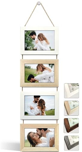 NEOWS Set Cornici Foto Multiple da Parete con Corda - Portafoto Multiplo Decorativo con Cornici in Legno - Collage Foto da Appendere al Muro- Cornici 10x15 cm (Bianco e Rovere, 4 Foto Orizzontale)