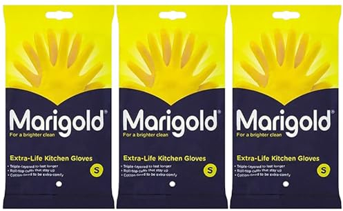 Welari Marigold 3 x 1pair Extra Life Kitchen Rubber Gloves Thank You Card Size S Small Cotton Lined Strong Triple Layered Multipurpose Cleaning (3pair) (3pack)
