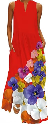 Ocean Plus Women's Sleeveless V-Neck Long Maxi Dress Trendy Digital Printed Boho Summer Outfit Flowy Loose Fit Holiday Beachwear (S-5XL)