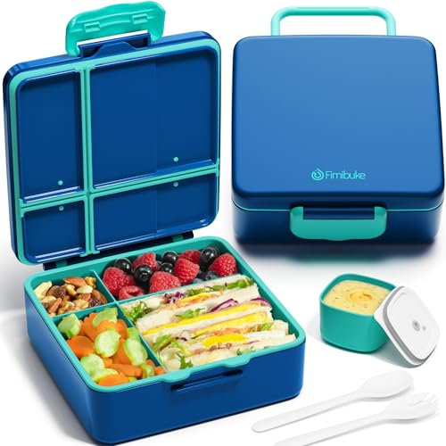 Fimibuke Lonchera Bento para niños, a prueba de fugas, con 4 compartimentos, sin BPA, apta para lavavajillas, con utensilios, porciones ideales para niños de 3 a 12 años, niñas y niños para la escuela