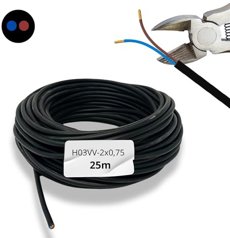 HALOTEC 25 metros Cable electrico 2 hilos 2x0.75 | H03VV-F | Doble aislamiento PVC | Cable Instalación | Cableado corriente | PVC | Negro | Cables Manguera Redonda | Cables 2 hilos