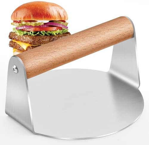 Solvant Smash Burgerpresse, Round Edelstahl Burger Smasher, Professionelles Edelstahl Burgerpresse Grillzubehör für Flat Top Grill, Hamburgerpresse und Squeeze Grease (Rund (Holzgriff)