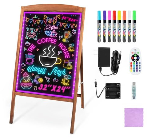 Hosim LED Message Writing Board 32x24, Standing A-Frame Wooden Drawing Board Illuminated Erasable Neon Menu Sign, 8 Colors Markers & 16 Lighting Colors Flashing Chalkboard Restaurant Menu Board