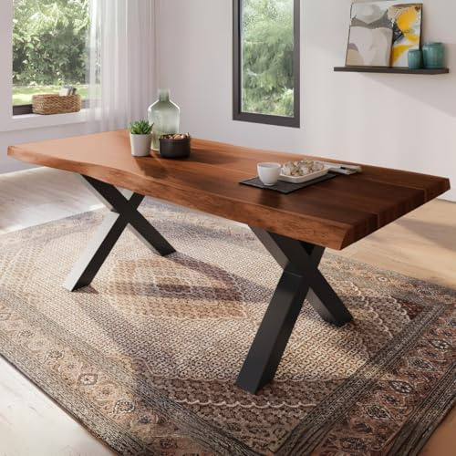 trelevo Esszimmertisch 220x100 cm Akazie nussbaumfarben X-Gestell Baumkante | Akazienholz massiv, Tischplatte, schwarz, Baumkantentisch