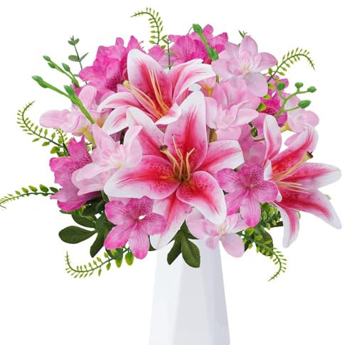 Zythrem Artificial Lilies Flowers Pink Fake Lily Flowers Mix Orchids Faux Flower Realistic Silk Lily Flower Bouquet for Wedding Party Table Floral Arrangement Home Hotel Office Decoration