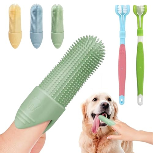 6 Pack Dog Toothbrush Set, 4 Dog Finger Toothbrushes & 2 Triple Head Cat Toothbrushes, Food Grade Silicone, 360° Bristles Teeth Brush for Teeth Cleaning Tartar Fights Bad Breath