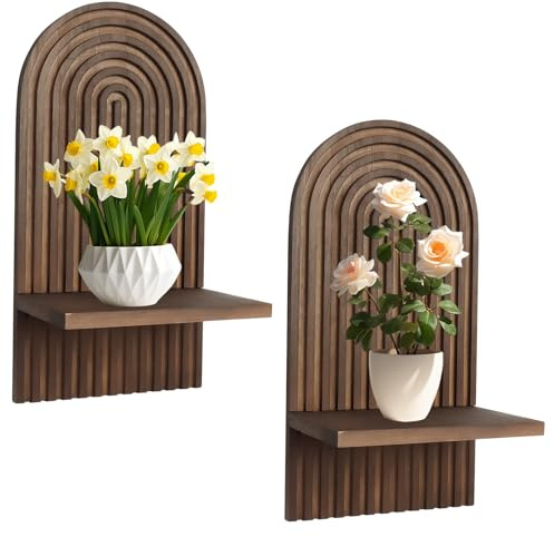 Tefola Böhmische Wanddeko Holzregal, Gestreifte Holzpaneele mit schwebenden Regalen, Boho Wandregal für Blumentöpfe, Bücher, Kerzen, Wohnbereich, Schlafzimmer, Schlafzimmer (Braun 1 Stufe)