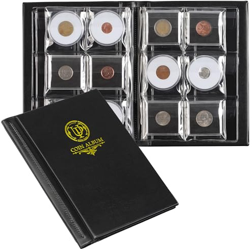 Álbum de colección de monedas con 36 bolsillos, 2,3 x 2,2 pulgadas, con 6 páginas, fundas para álbumes de colección para portamonedas de cierre a presión cuadrados y redondos CS49BK