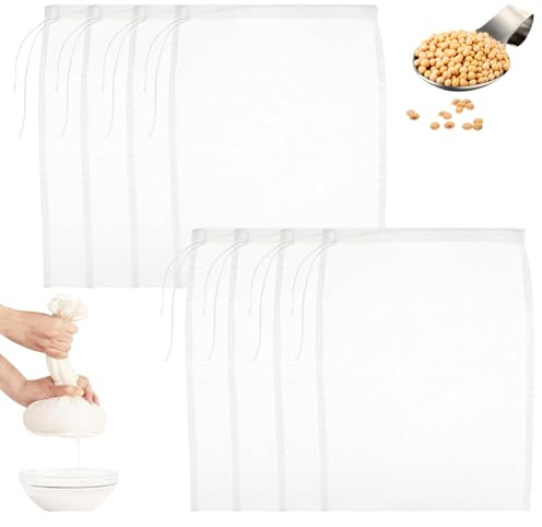 LINGJIA 8 Stück 20*30cm Nussmilchbeutel, Passiertuch, 100 Mesh Käsetuch, Nussmilch Sieb Tuch, Wiederverwendbar, Sieb Tuch Mit Kordelzug, Lebensmittel, Soja Milch Joghurt, Tee, Kaffee, Saft, Gemüsesaft