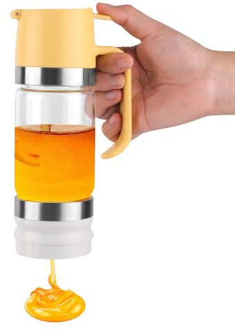Honey Dispenser, Anti Drip Glass Honey Dispenser with Base 10oz Glass Syrup Jar with Handle Syrup Container Bottle Pot for Coffee Tea (Yellow)