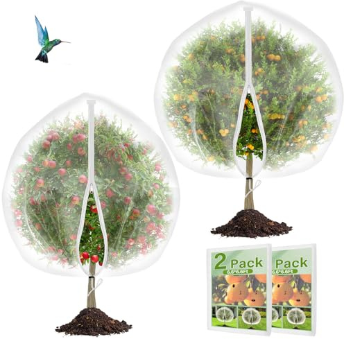 2 Pack Fruit Tree Netting Cover with Zipper and Drawstring, 6.6 x 6.6 Ft Bird Mesh Netting Barrier for Blueberry Bushes, Garden Plant Net Tree Protection Netting Cover for Apple Vegetables Fruits