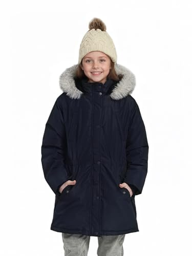 SOLOCOTE Manteau hiver pour filles imperméable veste de ski épaisse à capuche en duvet synthétique long parka pour enfants Marine 13-14 ans
