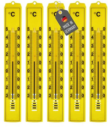 Lantelme 5 Stück Gartenthermometer Temperaturbereich -30°C bis 50°C | Analog Kunststoff Thermometer Set in Gelb | Wetterfest für Außen Innen Terrasse Balkon Garten | Außenthermometer (Gelb)