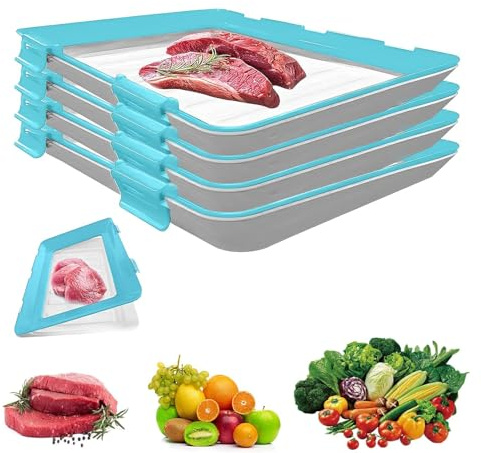 BEZHGOC Stretch Storage Fresh Trays, 4Pack Stackable Cold Meat Containers with Elastic Lid for Fridge Vacuum Food Preservation Tray for Meat Vegetable Fruit (Blue)