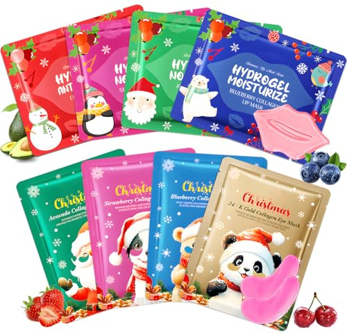 4 maschere per labbra al collagene + 4 maschere per gli occhi al collagene, maschera natalizia per labbra per labbra carnose, cuscinetti antirughe per occhi gonfi, un ottimo regalo per amici e